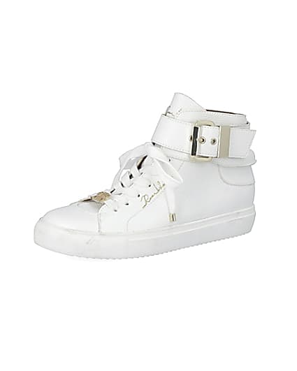 360 degree animation of product White buckle strap high top trainers frame-1