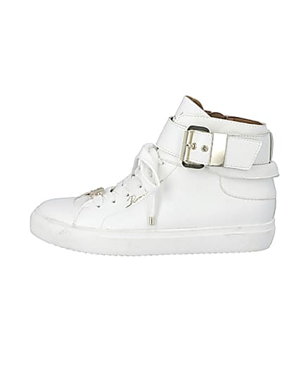360 degree animation of product White buckle strap high top trainers frame-3