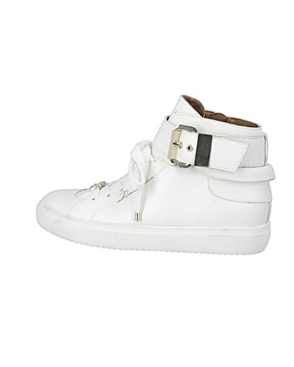 360 degree animation of product White buckle strap high top trainers frame-4