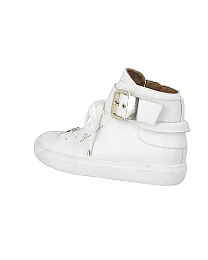 360 degree animation of product White buckle strap high top trainers frame-5