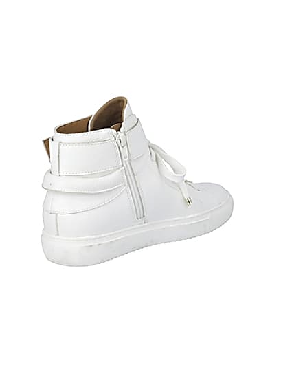 360 degree animation of product White buckle strap high top trainers frame-12