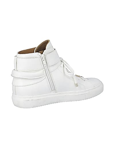 360 degree animation of product White buckle strap high top trainers frame-13