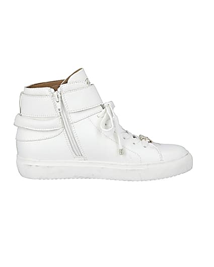 360 degree animation of product White buckle strap high top trainers frame-15
