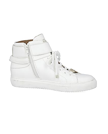 360 degree animation of product White buckle strap high top trainers frame-16
