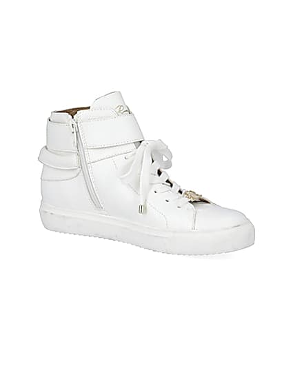 360 degree animation of product White buckle strap high top trainers frame-17