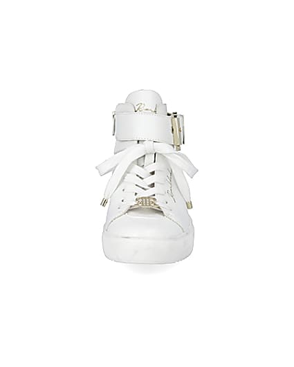 360 degree animation of product White buckle strap high top trainers frame-21