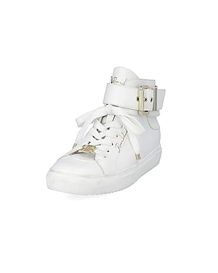 360 degree animation of product White buckle strap high top trainers frame-23