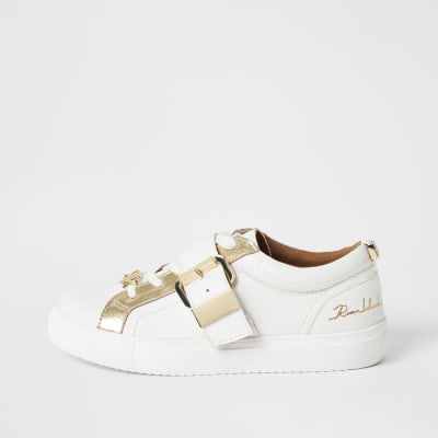 White buckle strap lace-up trainers