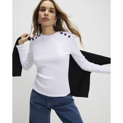 White Button Shoulder Rib Top