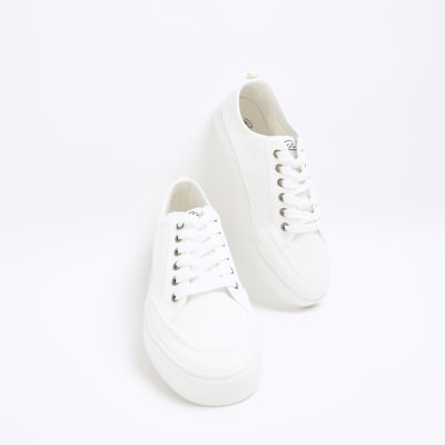 White canvas lace up trainers | River Island