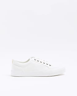 White canvas lace up trainers