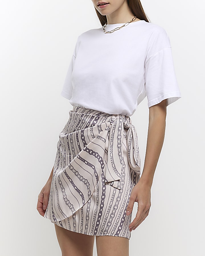 White chain print wrap mini skirt | River Island