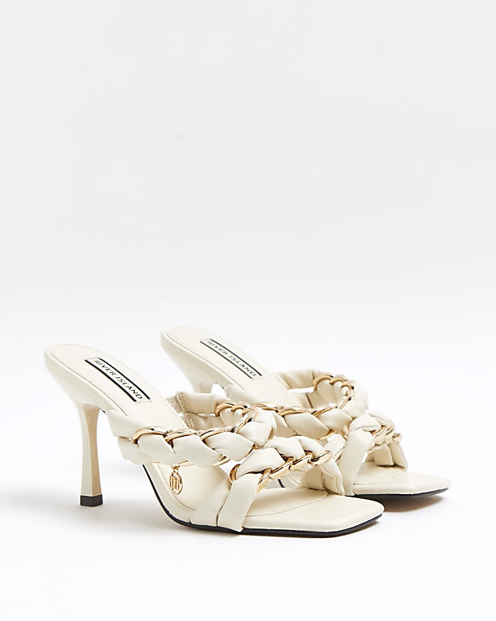 White chain strap heeled mules