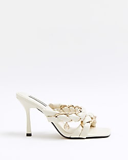 White chain strap heeled mules
