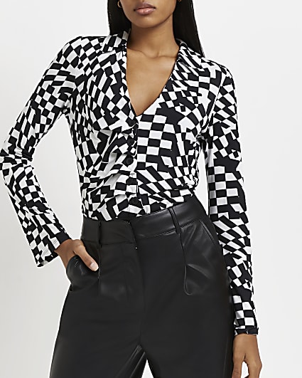 White checkerboard ruffled front shirt