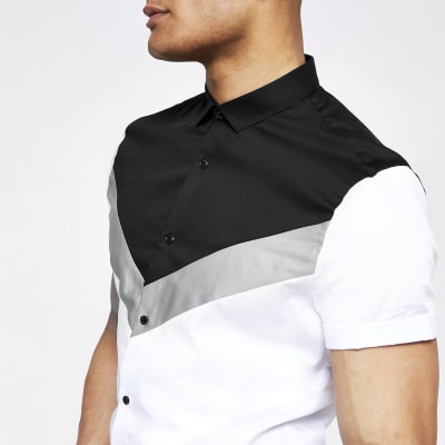 White chevron slim fit short sleeve shirt