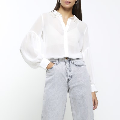 White chiffon embellished shirt | River Island