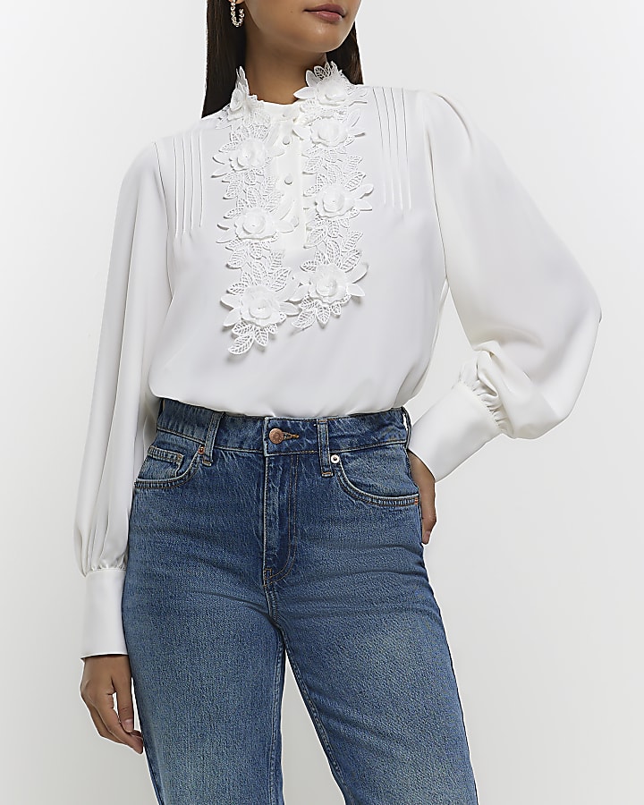 White chiffon floral corsage blouse | River Island
