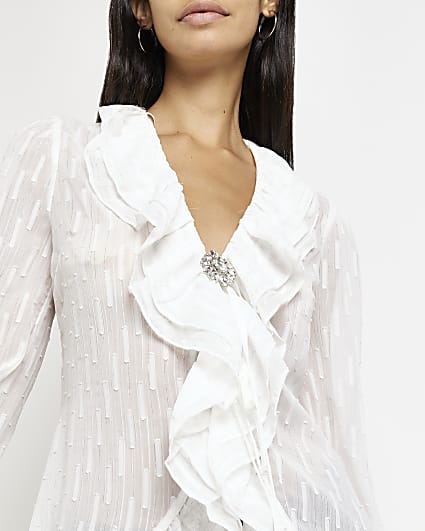 White chiffon frill long sleeves blouse