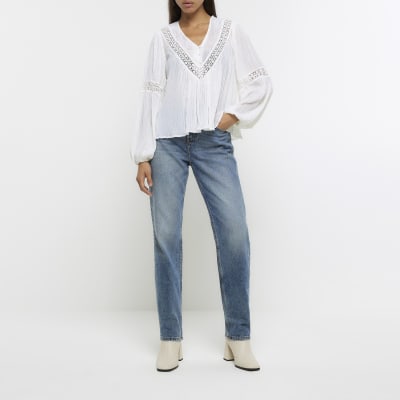 White chiffon lace trim blouse
