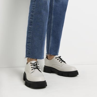 white chunky lace up heels