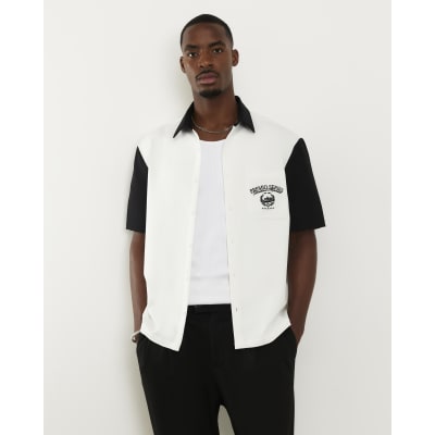 White Colour Block Embroidered Shirt
