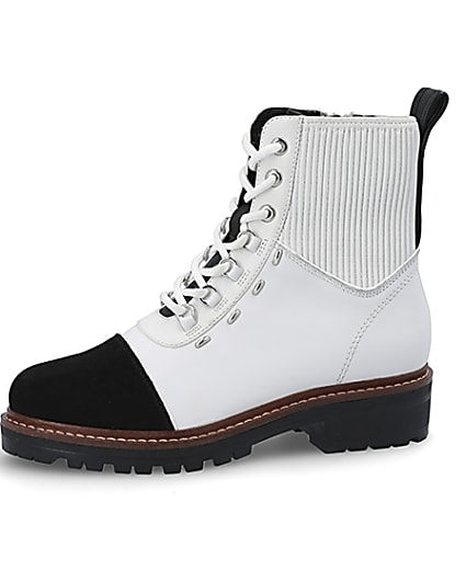 360 degree animation of product White contrast leather lace-up hiking boots frame-2