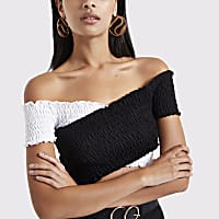 White contrast shirred wrap crop top