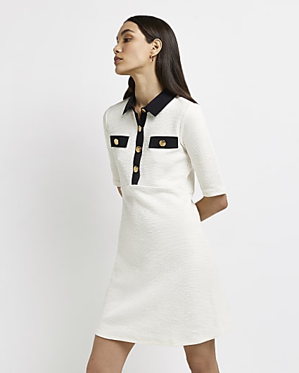 White contrasting trim boucle mini dress