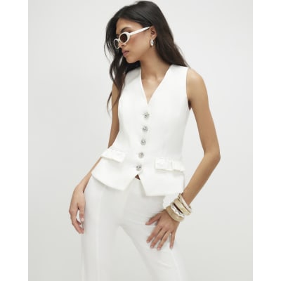White Cotton Blend Frill Pocket Waistcoat