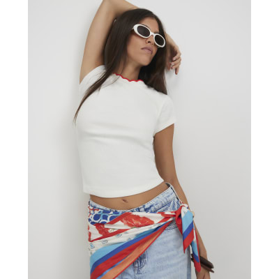 Cotton Blend Scallop Trim T Shirt