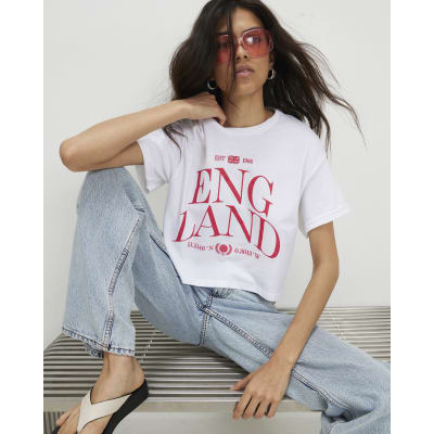 White Cotton Boxy Fit England Cropped T-Shirt