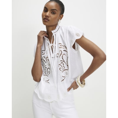 White Cotton Broderie Tie Neck Blouse