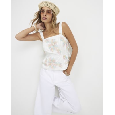 White Cotton Cornelli Floral Peplum Top