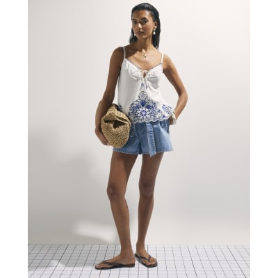 White Cotton Embroidered Cami Top