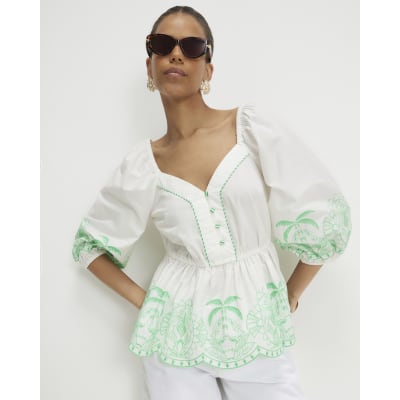 White Cotton Embroidered Hem Blouse