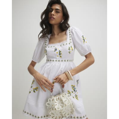 White Cotton Floral Embroidered Mini Dress | River Island