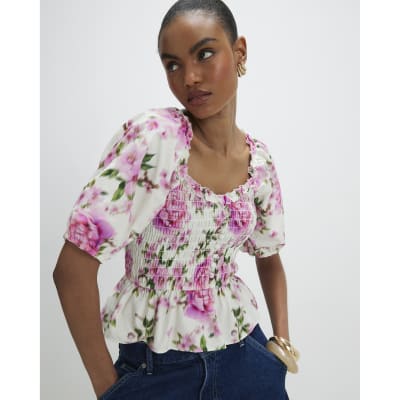 White Cotton Floral Puff Sleeve Shirred Top | River Island