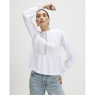 White Cotton Frill Trim Smock Jersey Top