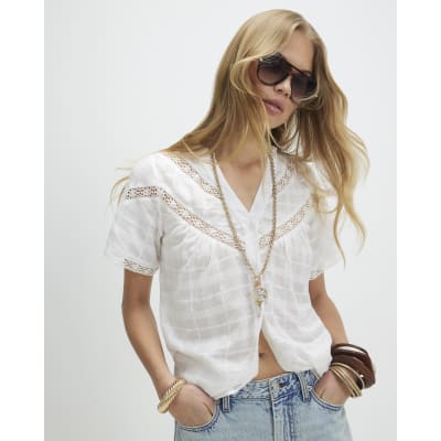 White Cotton Lace Detail Short Sleeve Blouse | River Island