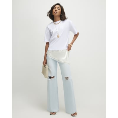 Cotton Lace Hem Asymmetric T Shirt