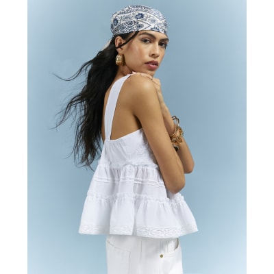 White Cotton Lace Pearl Detail Smock Cami Top | River Island