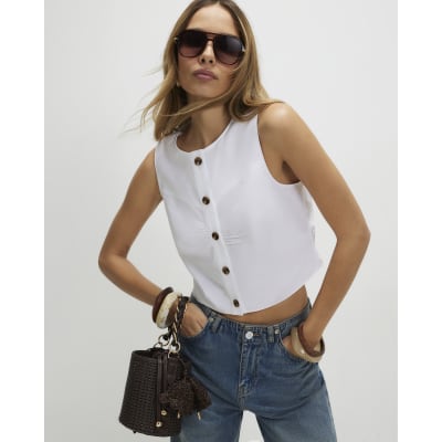 White Cotton Poplin Sleeveless Waistcoat Top