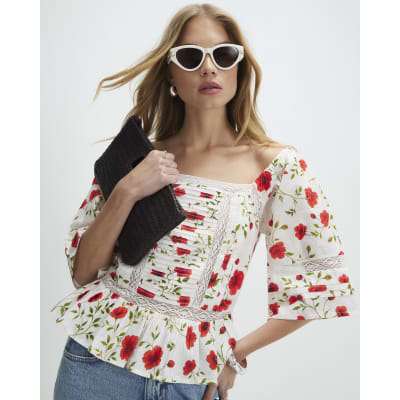 White Cotton Poppy Print Square Neck Blouse