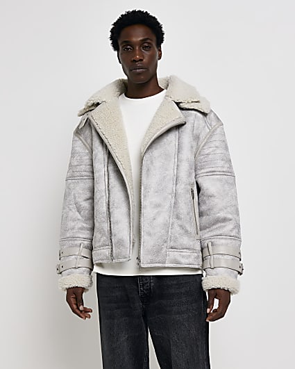 White crackle faux shearling aviator jacket