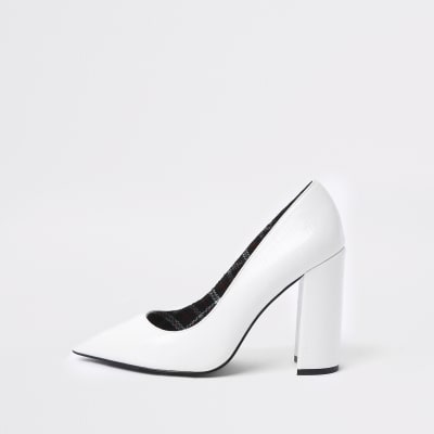 White croc embossed block heel court shoes