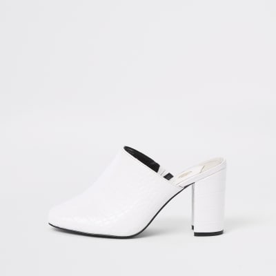 White croc embossed block heel mule sandals