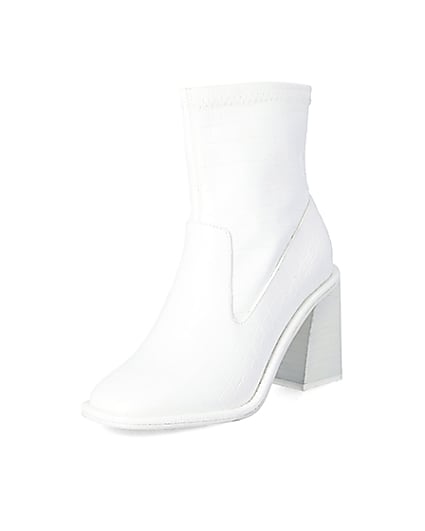 360 degree animation of product White croc embossed heeled ankle boots frame-0