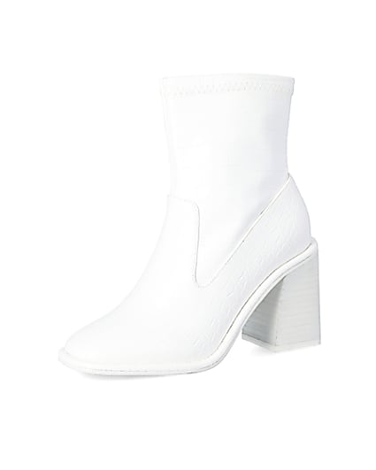 360 degree animation of product White croc embossed heeled ankle boots frame-1