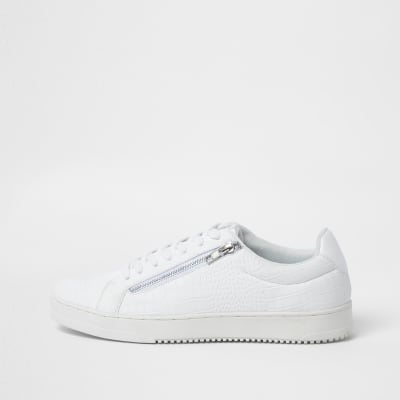 White croc embossed zip side trainers